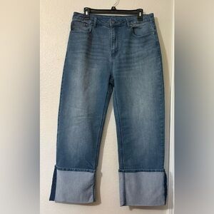 Goldenpoint Blue Ankle Cropped Jeans with Wide Cuff. Very Soft Stretchy Denim.
